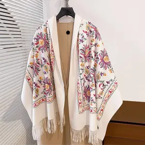 Luxury High Quality Embroidery Scarf Elegant Women Winter Thick Warm Neck Pashmina Long Fringe Scarves Lady Blanket Soft Shawl
