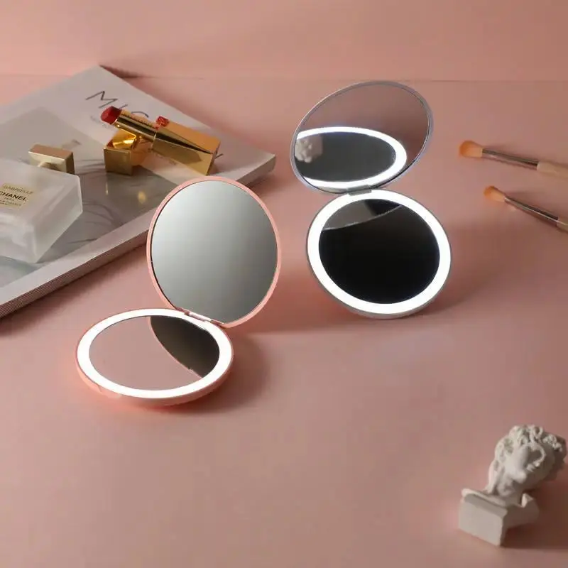 Personalized LED Compact Mirror with Luminescence, 2-Sided Folding 9cm Portable Glass Mirror for Women