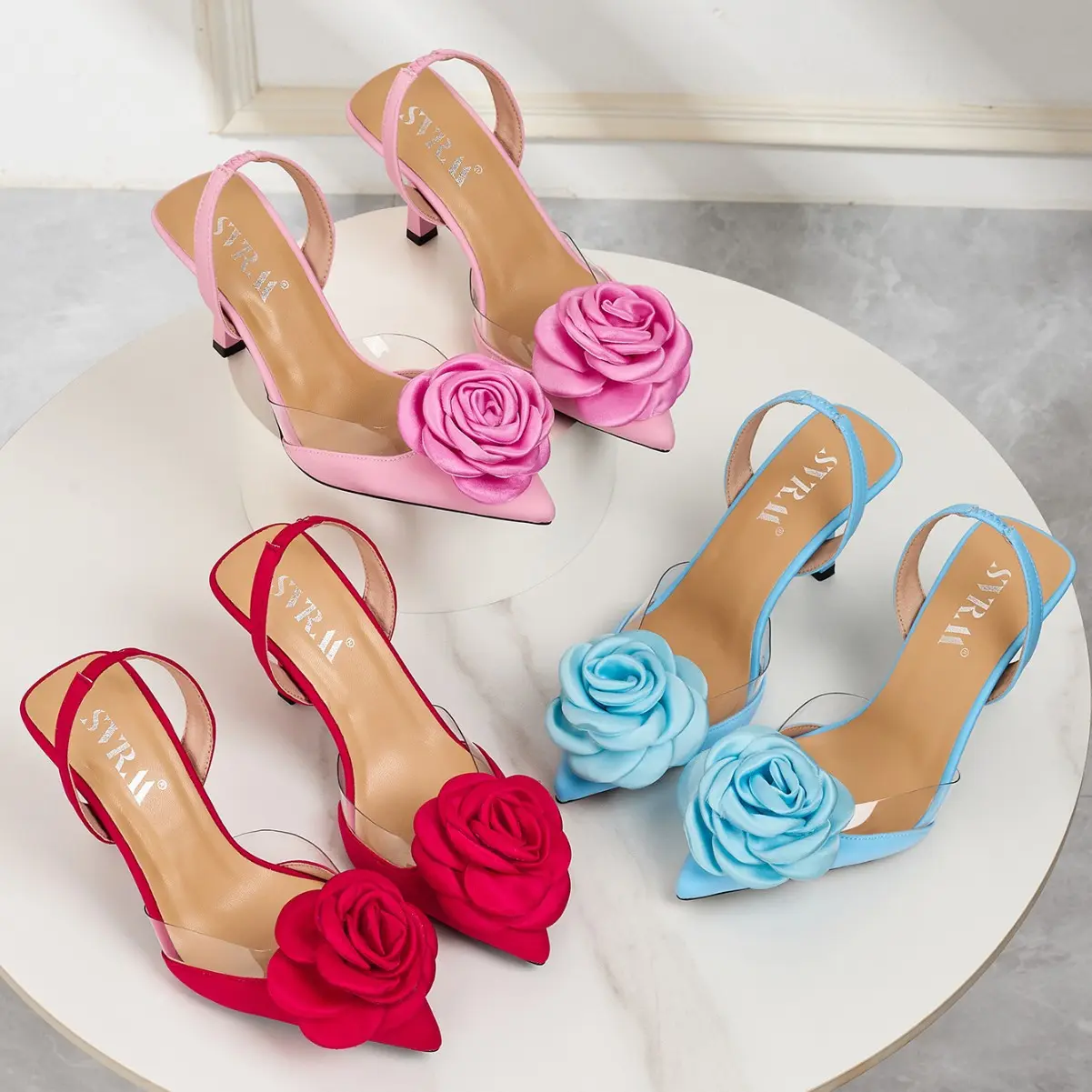 Women Sharp Pointed High-Heeled Rose Flower Sexy Suspender Tricolor High-Heeled Sandals