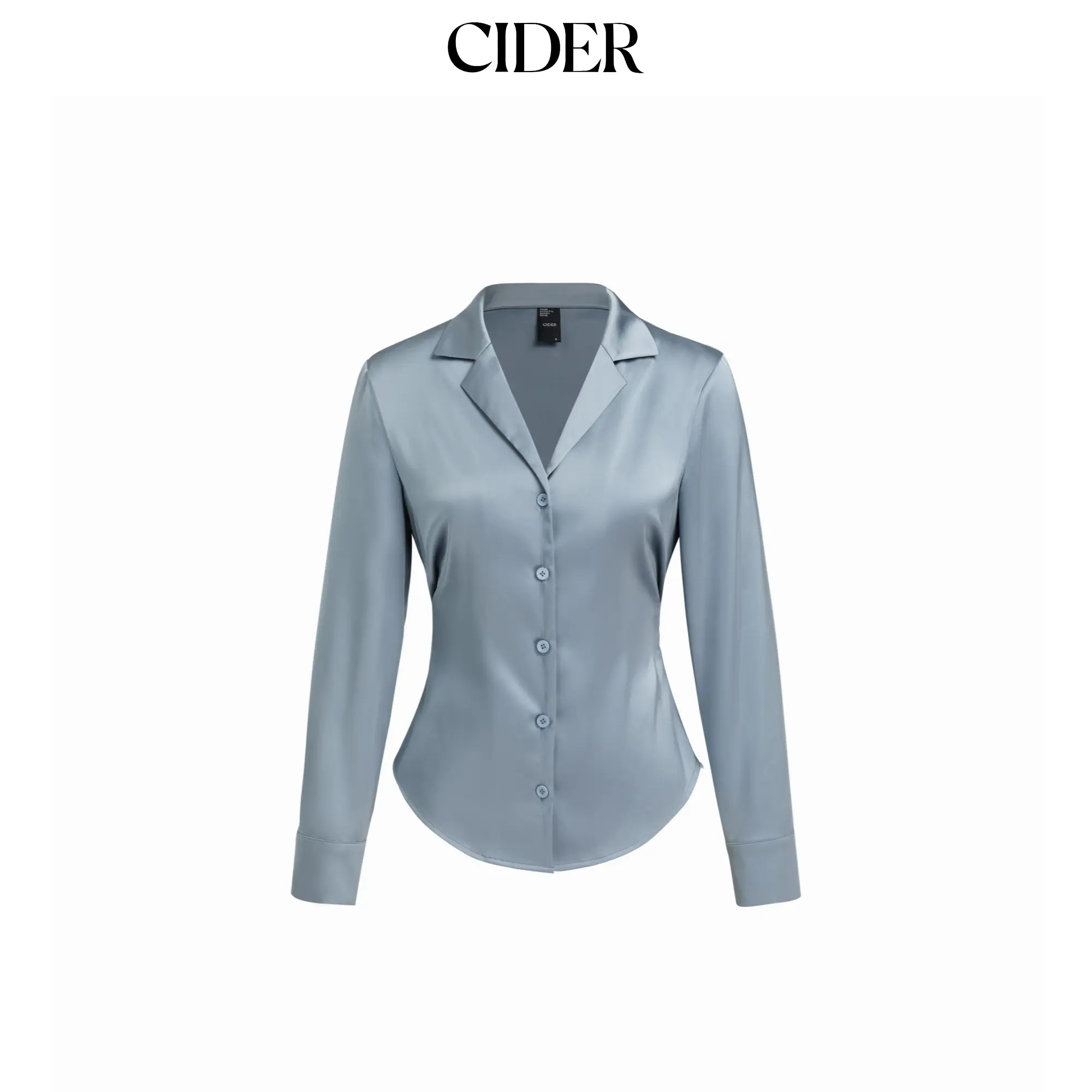 Cider Satin Collar Long Sleeve Curved Hem Cinched Waist Shirt SummerFinds