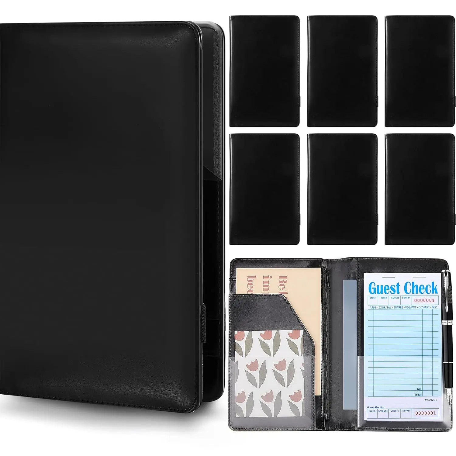 8-Count Faux Leather Unisex Server Books for Adults - Versatile Restaurant Guest Check Presenters with Zipper Pocket, Wallet & Card Holder, Order Storage, Fits Server Aprons, Accounting Office Stationery Supplies