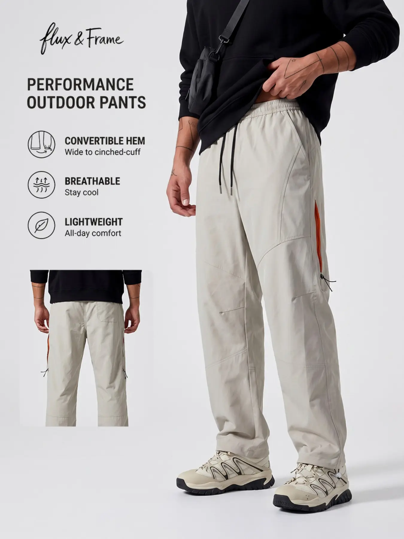 FF Men's Lightweight Outdoor Pants Drawstring Elastic Waist Convertible Hem Joggers Gorpcore Techwear Trousers Breathable Vents Casual Streetwear Hiking Workout Baggy Pants