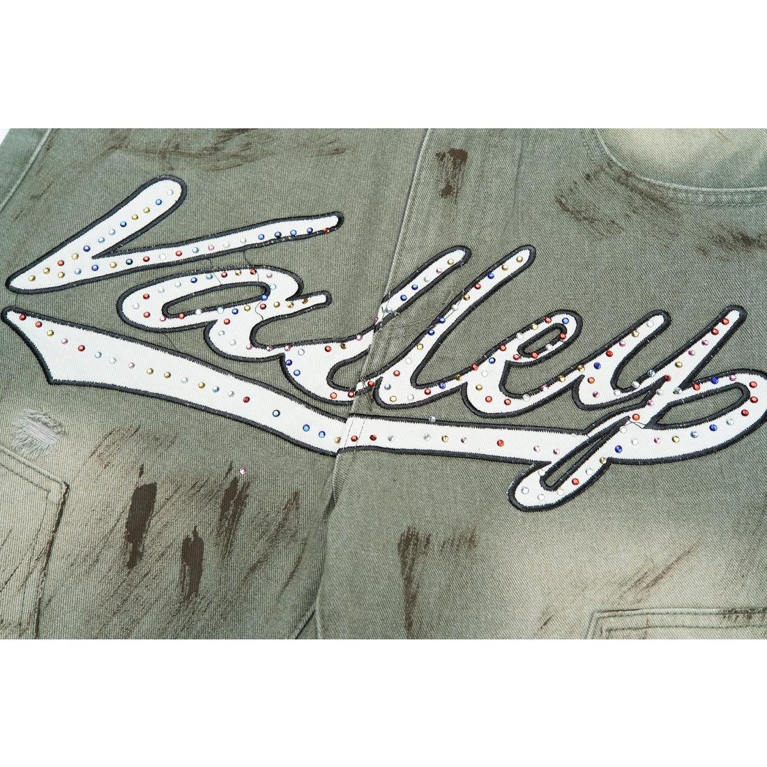 Vale Sports Valley Dreams Vintage Washed Distressed Print Full Rhinestone Bling Diamond Harajuku Letter Embroidery Baggy Denim Shorts European American Hip Hop Y2K Streetwear Loose Knee Length Casual Sparkly Trendy Jeans Shorts For Men Unisex