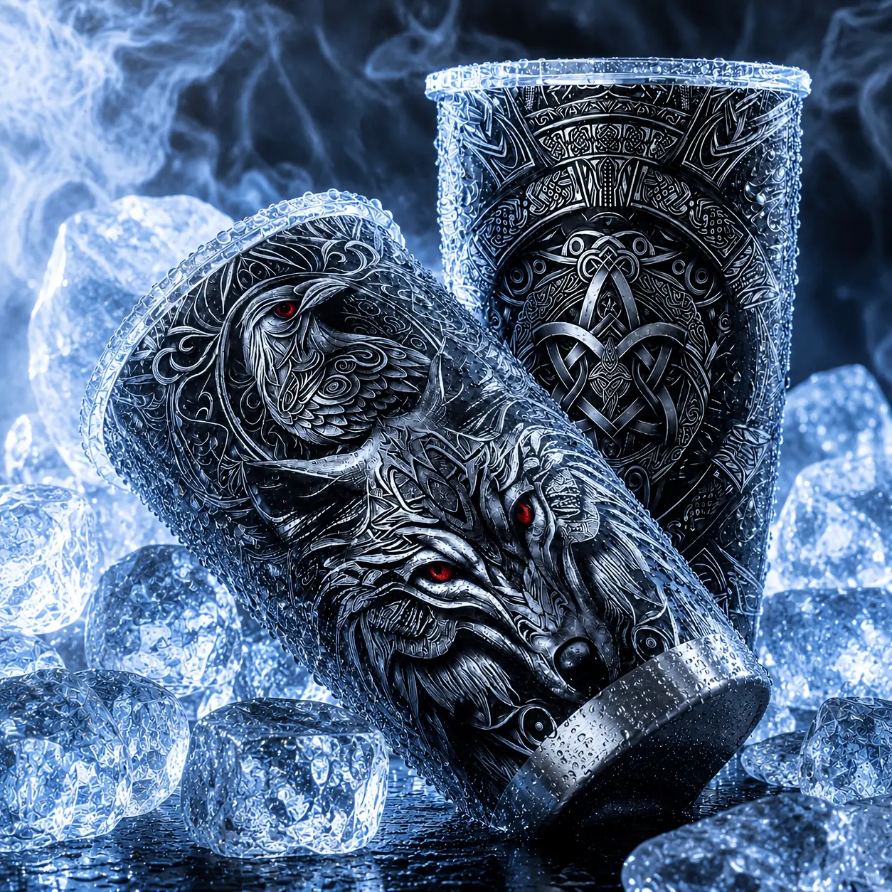Viking-Themed Stainless Steel Portable Vacuum Flask - Wide Mouth, Double Wall Heat Resistant Anti-Fall Drinkware, Wolf Motif & Celtic Knot Design, Hot/Cold Cup, Perfect Gift for Adults (Birthday, Christmas)