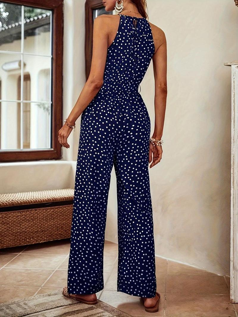 Women's Polka Dot Print Belted Tie Waist Jumpsuit, Casual Elegant Sleeveless Jumpsuit for Summer, Women's Jumpsuit for Beach Holiday
