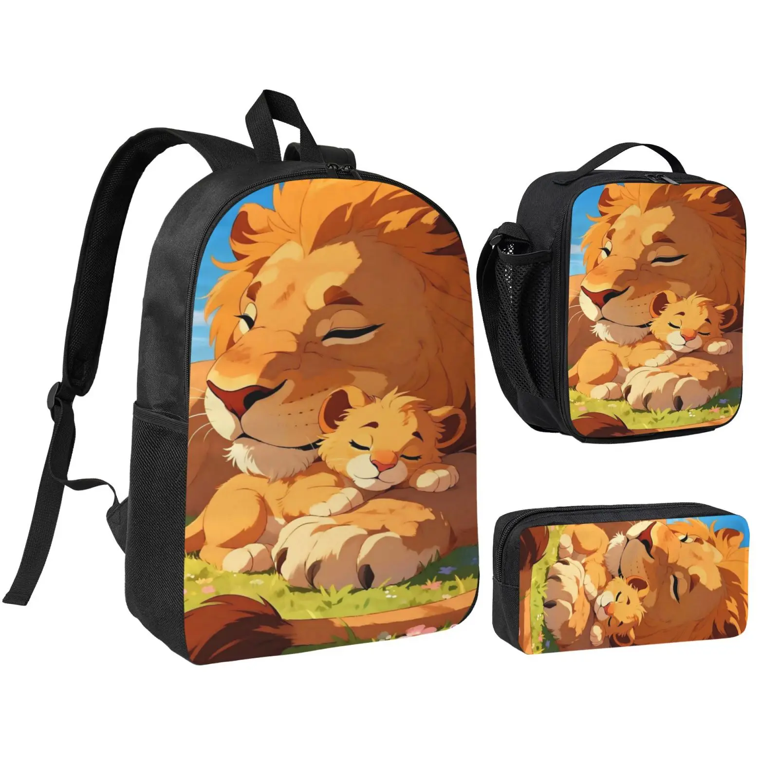 Anime Lion King Themed 3-Piece Polyester School Backpack Set for Teens - Foam-Padded Adjustable Strap, Waterproof Soft Bookbag, Insulated Lunch Bag, Synthetic Zip Pencil Case, Lightweight 1.8x8.7x4.3in Christmas Gifts for Birthdays/Parties