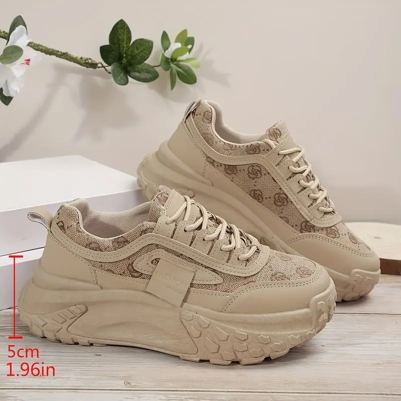Women's Pattern Thick Bottom Sneaker, Casual Lace up Outdoor Shoes, Comfortable Shallow Shoes