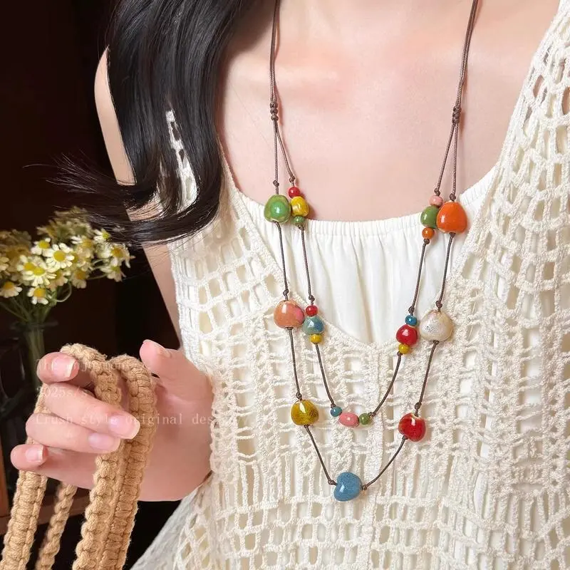 1pc Women' Vintage Bohemian Ceramic Heart Necklace - Minimalist Double-Layer Stackable Collarbone Chain, Suitable for Daily Wear, Gift, Year-Round Versatile Accessory with Layering
