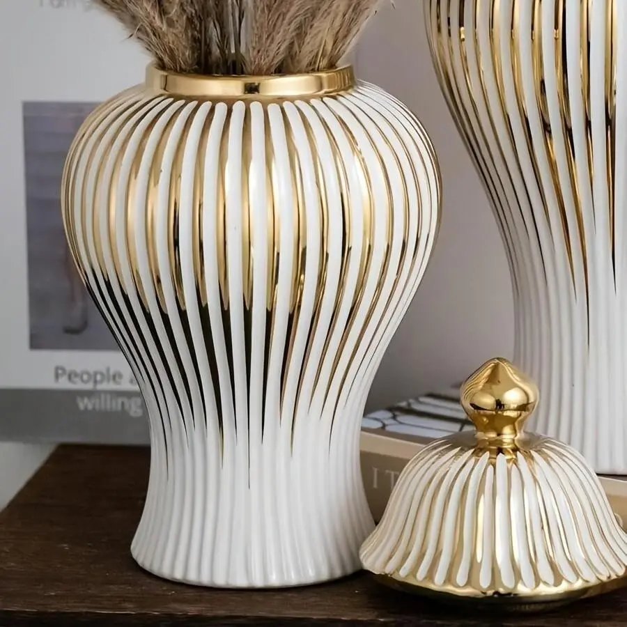 Classic Striped Ceramic Vase, Luxurious Round Shape Flower Container, Elegant Home & Wedding Decor, Living Room, Lobby, Hotel Display