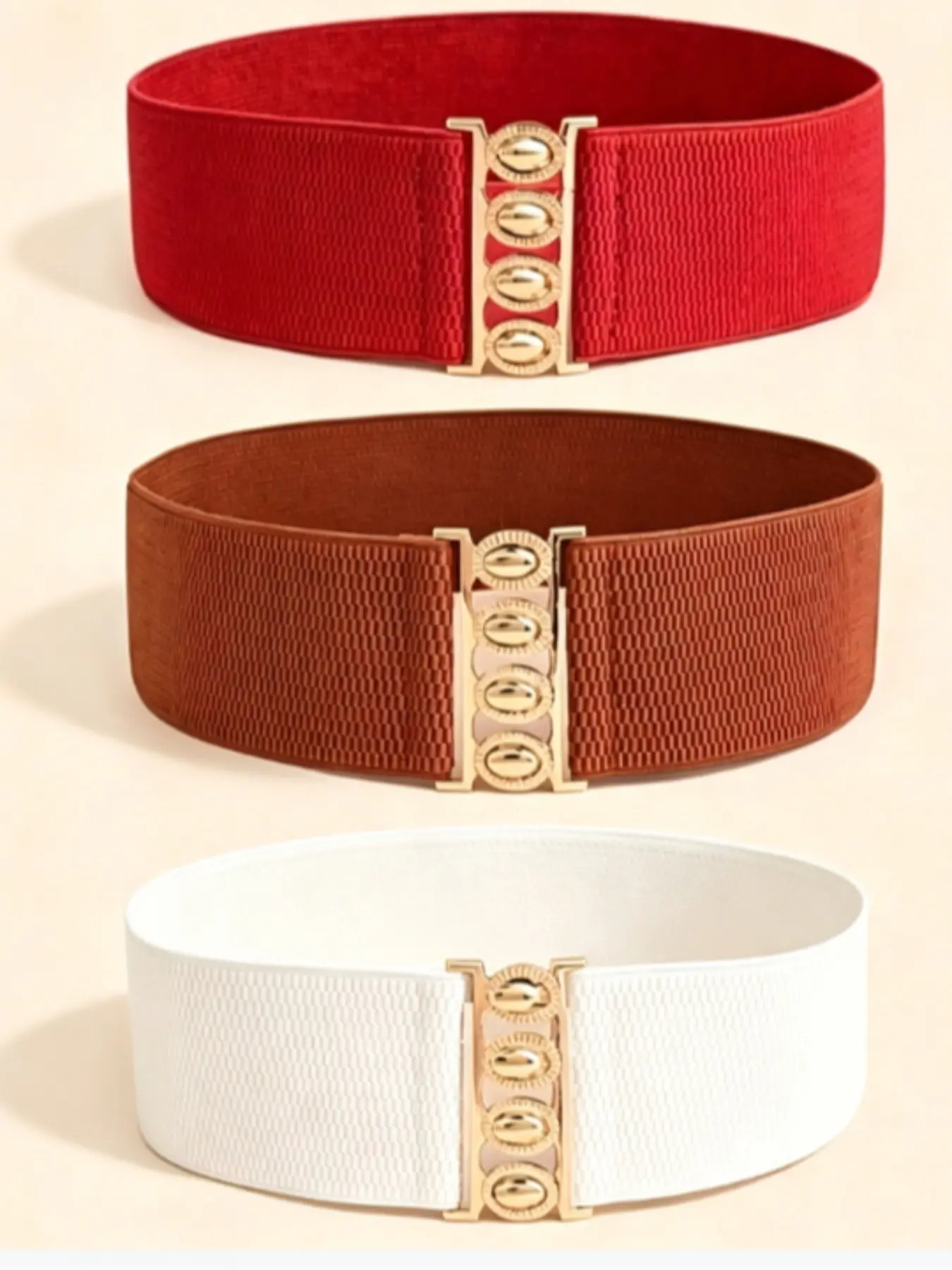 3 Pcs Women's Wide Elastic Waistbands, Vintage Stretch Dress Belt, Buckle, Camel Colors, Casual Style