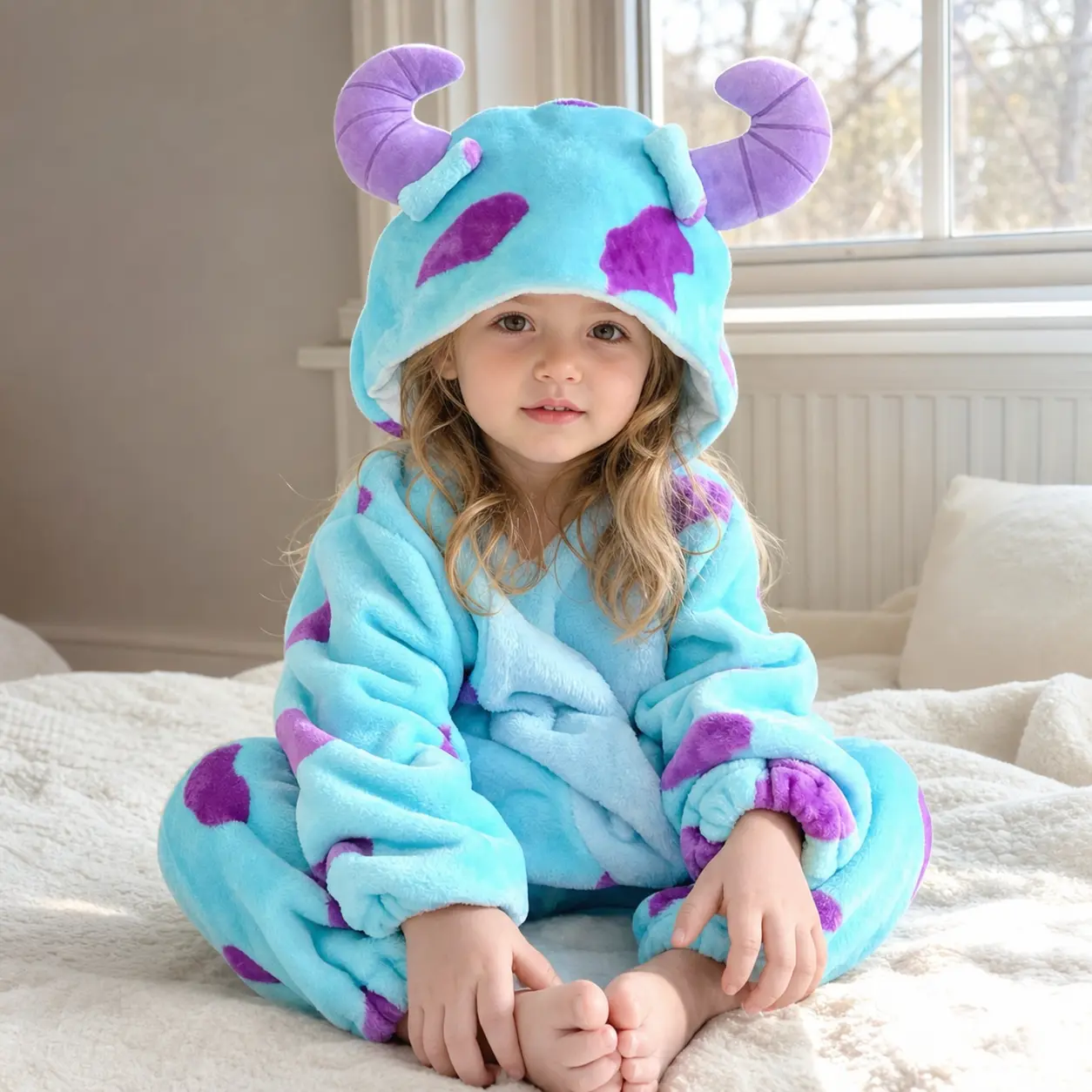 Baby Blue Monster Hooded Romper, Cute Horned Creature One-Piece Outfit for Infants and Toddlers, Purple Spot Costume Jumpsuit for Spring Fall Photos, Crawling, Party