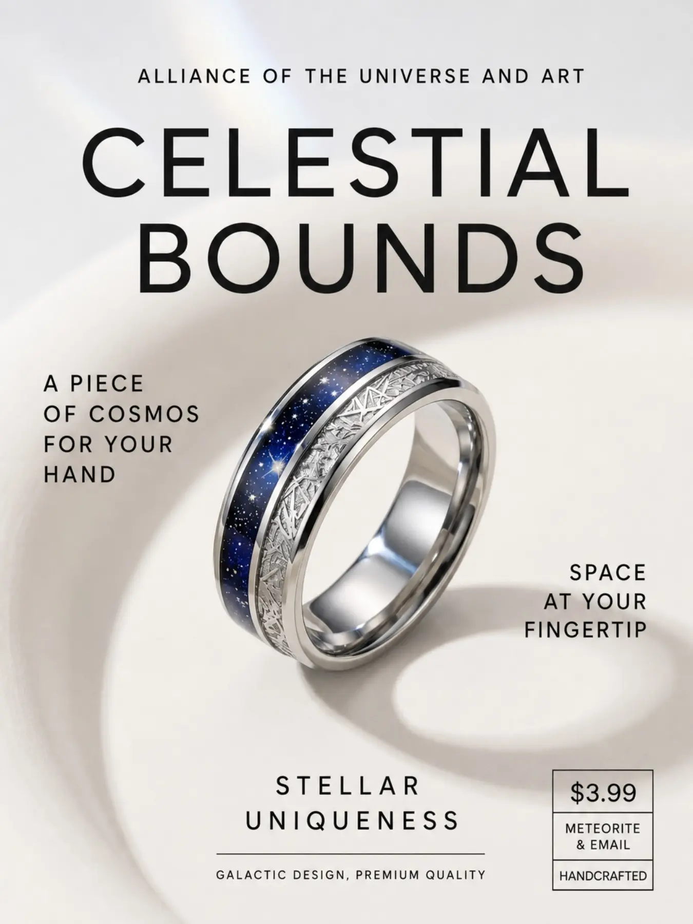 Celestial Bounds Galaxy Star Inlay Ring, Meteorite Texture, Silver Color Band, Blue Cosmic Sky, Stainless Steel, Men Women Wedding Promise Ring, Fashion Rings