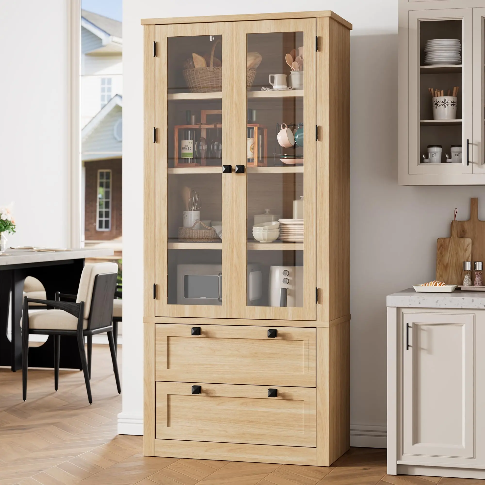 Garvee 72" Tall Kitchen Pantry Cabinet - Modern Display Storage Cabinet with 2 Large Drawers, Glass Doors, and Adjustable Shelves, Farmhouse Kitchen Cupboard for Dining Room, Bathroom, Living Room, Natural