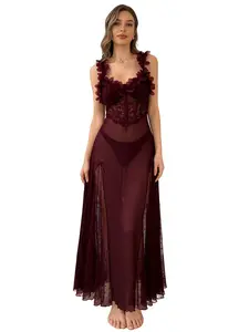 Valentine’s Day Glam Nightgown | Sheer Mesh & Lace Midi Dress for Intimate Moments