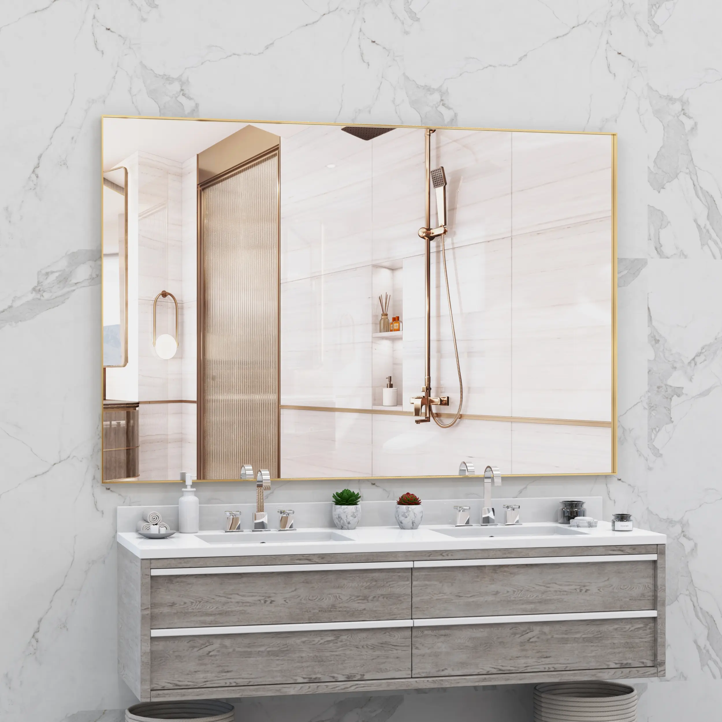 Nokaa Oversized Wall Mount Bathroom Mirror with Removable Tray, 72x48 Inch Aluminum Frame Full Length Mirror, Vertical or Horizontal Hanging Vanity Mirror for Bedroom Living Room, Gold Finish