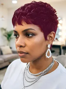 Short Pixie Cut Human Hair Wig 99J 4# Full Machine Made Layered Wigs Comfortable Daily Wigs For Women