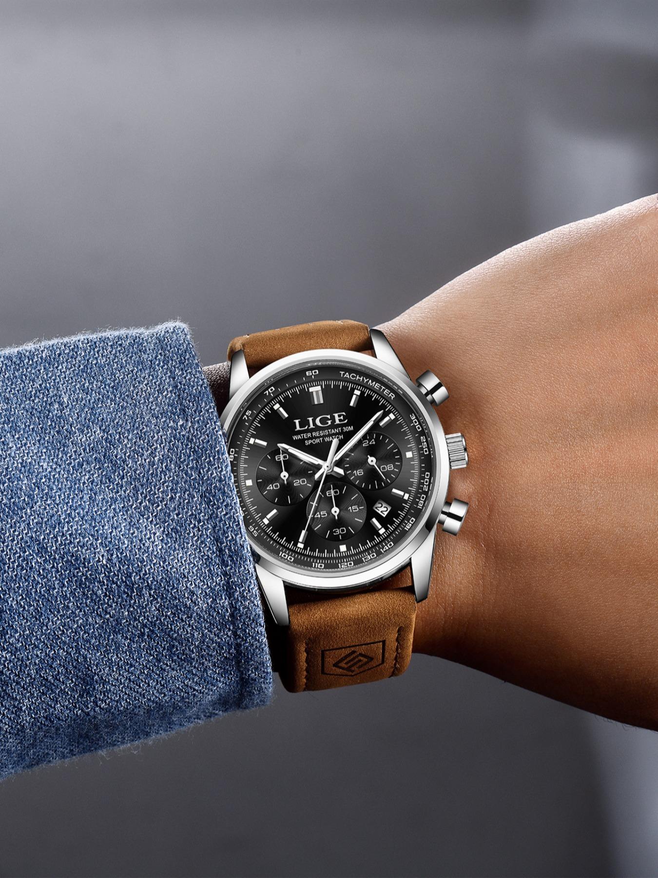 Lige Casual Gentleman Fashion Waterproof Luminous Calendar Chronograph Quartz Watch, Multiple Colors, Perfect Gift, Silver Color