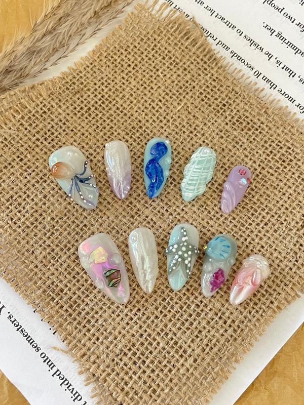 Hand-painted Happy Underwater World Almond Nail Art Set for Women with Rose Tulip Shell Bow Starry Sky Butterfly Leopard Print XINGX Almond Shape Manicure Kit