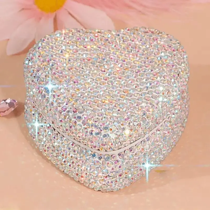 Heart-Shaped Rhinestone Jewelry Box, Mini Portable Travel Case, Flat Lid Empty Box, Creative Ab Diamond Pendant Ring Display, Holiday Gift Box