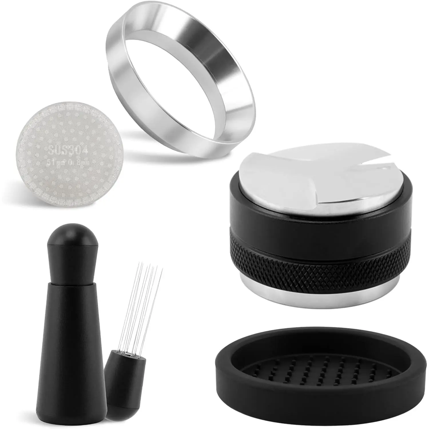 51mm Espresso Accessories Kit, Coffee Distributor and Tamper, WDT Tool, Dosing Funnel and Coffee Puck Screen Fits 51 mm Espresso Machines and Coffee-Portafilters(COLOR:Set of 5)