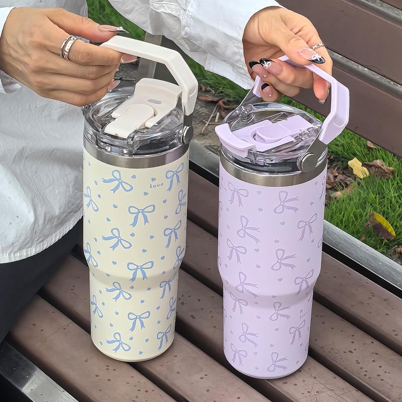 30oz Stainless Steel Insulated Cup with Bow Design, Double Layer Thermal Mug for Coffee Tea Outdoor Office Home Travel Gift, Vacuum Insulated Tumbler