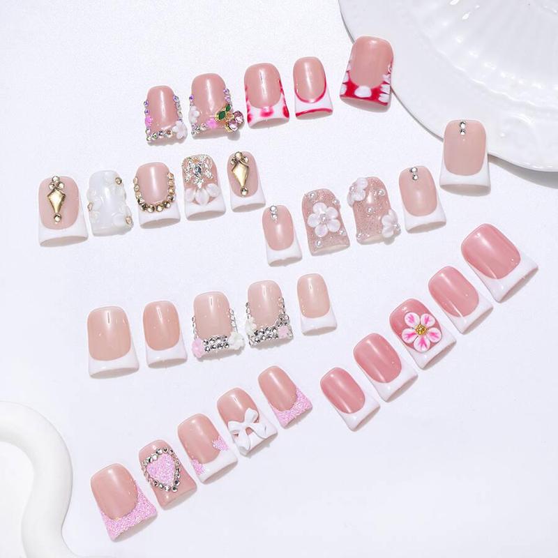 Duckbill Shaped Fake Nail, 10pcs Rhinestone & Flower Decor French Press on Nails for Women & Girls DIY Nail Art, Elegant Stick on Nails Kit, Handmade, Nail Supplies, Fake Nails, Flared Handmade Nails, Sparkly Studded Rhinestone