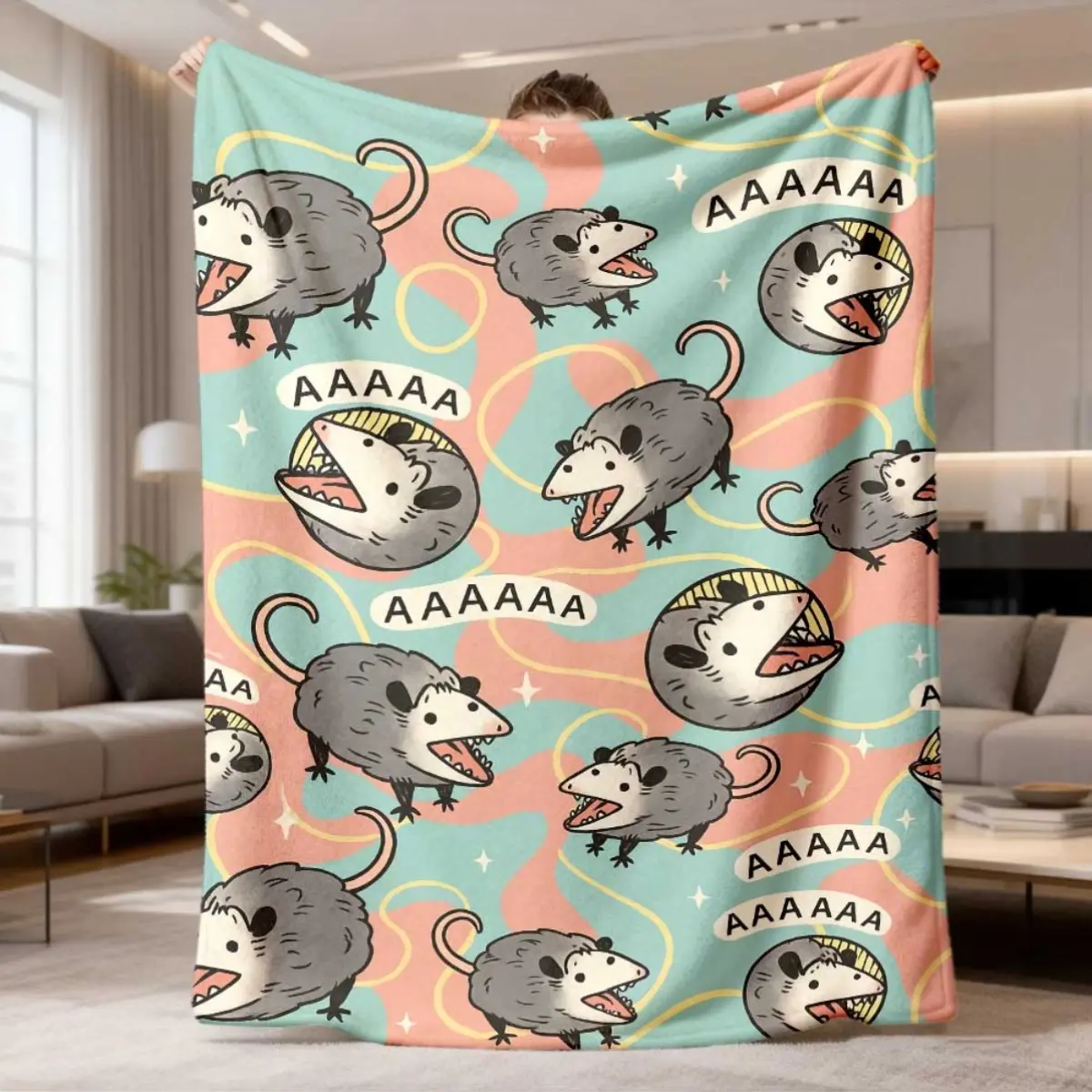 2026 New Flannel Blanket - 1pc Digital Print Opossum Cartoon Design - Soft And Plush Polyester Fabric, 250-300 Gsm - Perfect for Bed, Sofa, Or Travel - Modern Style, Suitable for All Seasons