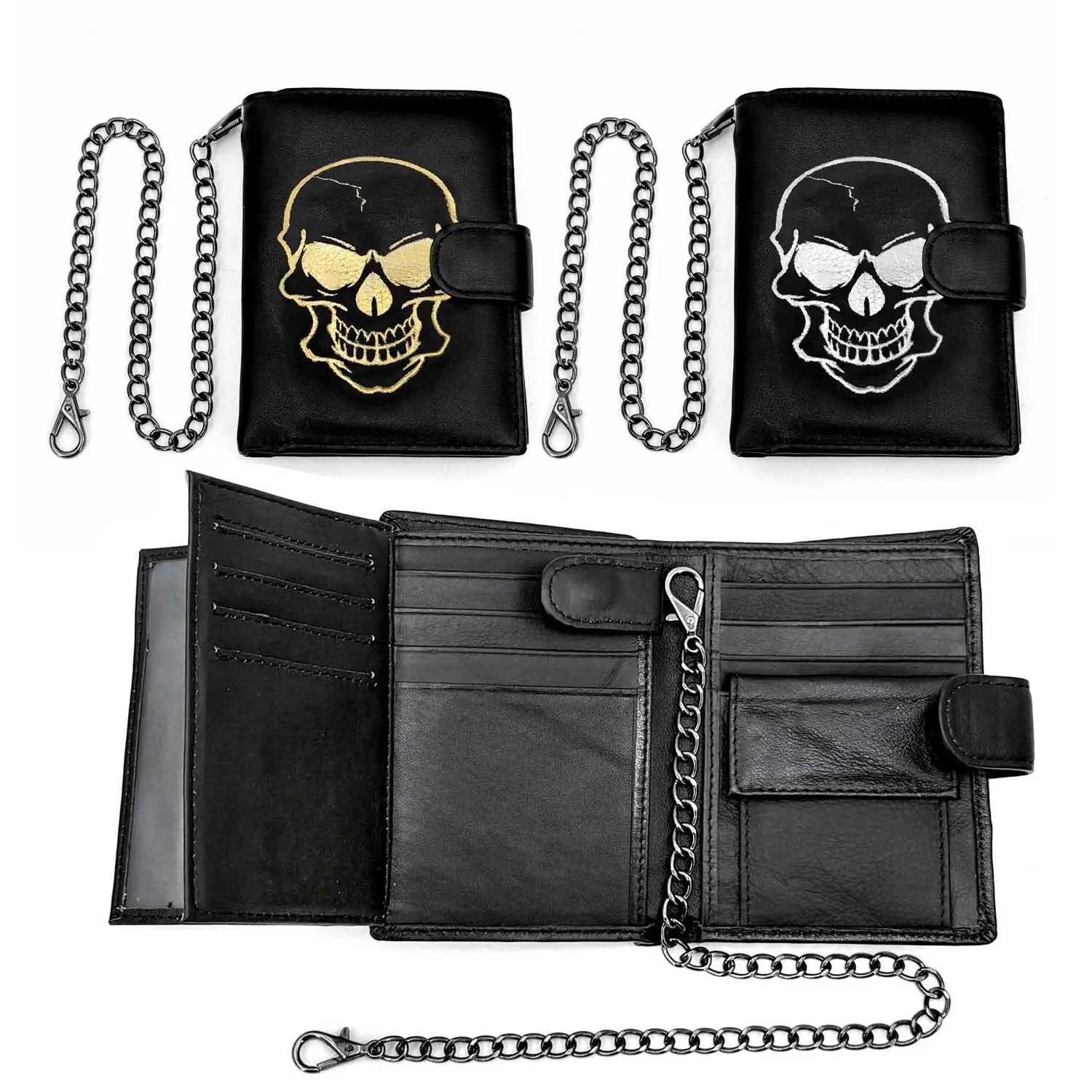 Cool Big Skull Trifold Card Holder Wallet Leather Purse For Men Gift with Chain