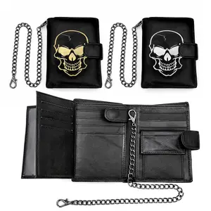 Cool Big Skull Trifold Card Holder Wallet Leather Purse For Men Gift with Chain