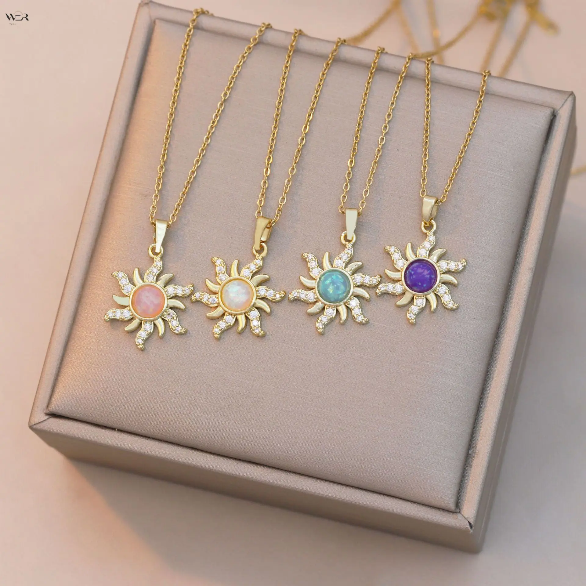 Women's Fashion Opal Sunburst Pendant Necklace - 4-Color Gold-Plated Sunflower Charm, Pave Crystal Rays, 40+5cm Adjustable Chain, Bohemian Celestial Daily Wear Costume Jewelry