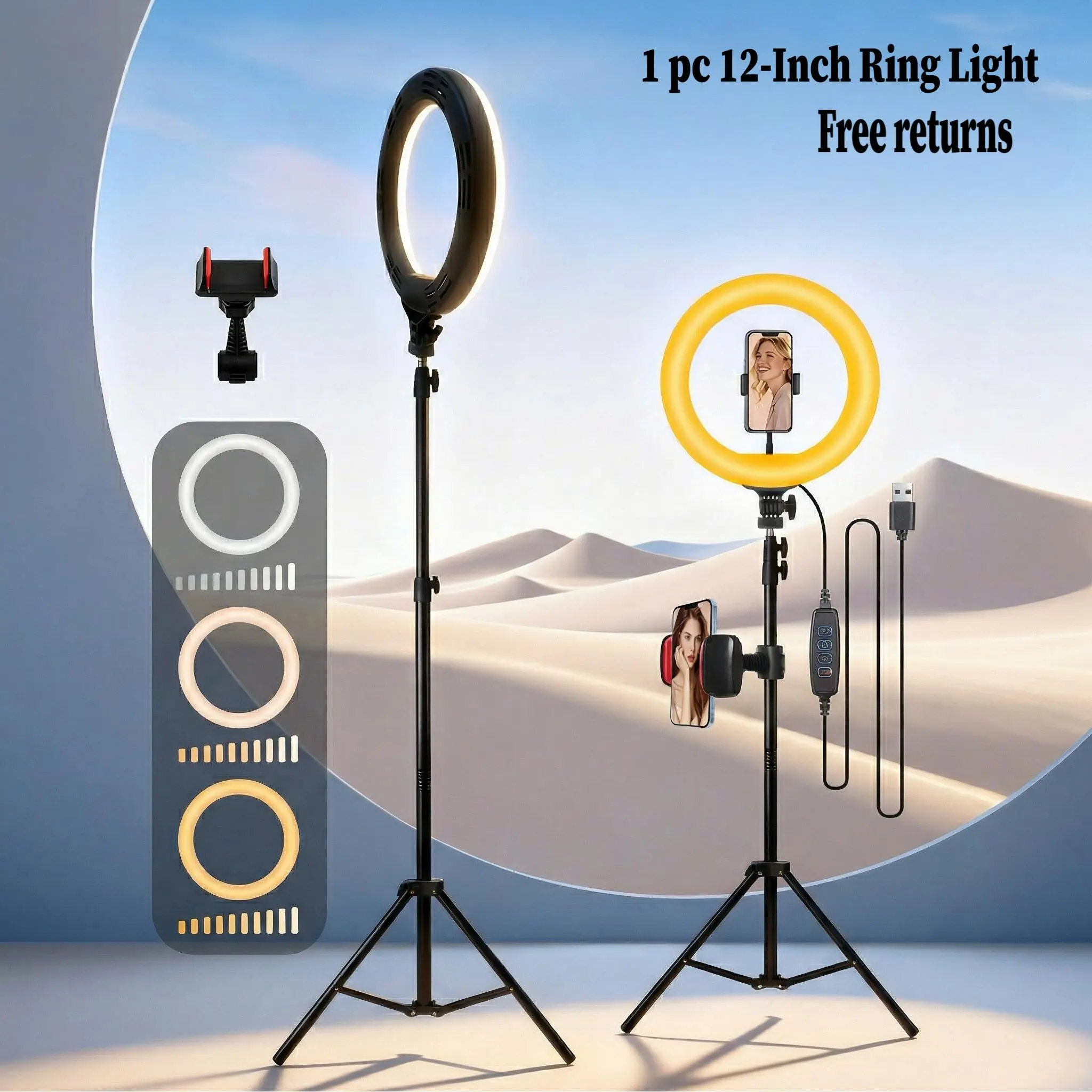 12-Inch RGB LED Selfie Ring Light with 1.6m Telescopic Tripod Stand, Phone Holder, 3 Lighting Modes, 360° Touch Control, USB-Powered Adjustable Light for Filming Setup, Makeup Tutorials, Gift for Content Creators