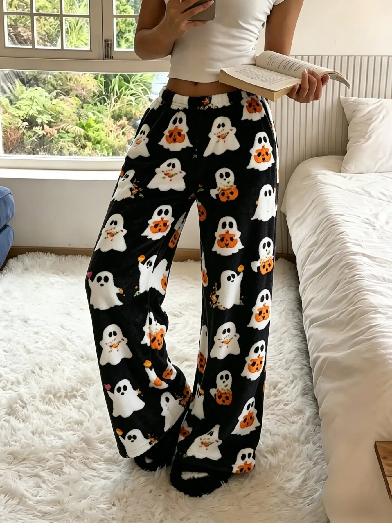 Halloween Ghost Pumpkin Bat Spider Web Print Women Warm Flannel Sleep Pants Casual Home Wear Loungewear Trousers
