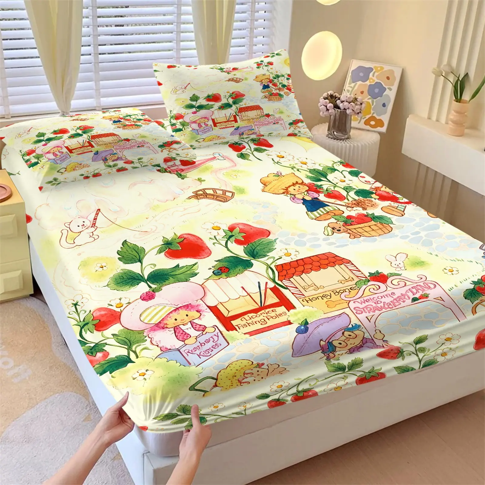 3pcs Cream Base Vintage Strawberry Girl Fitted Sheet Set, Includes 1 Fitted Sheet + 2 Pillowcases, Soft Cozy Breathable Microfiber, Wrinkle Resistant & Vivid Print, Deep Pocket Anti Slip for Girls Bedroom