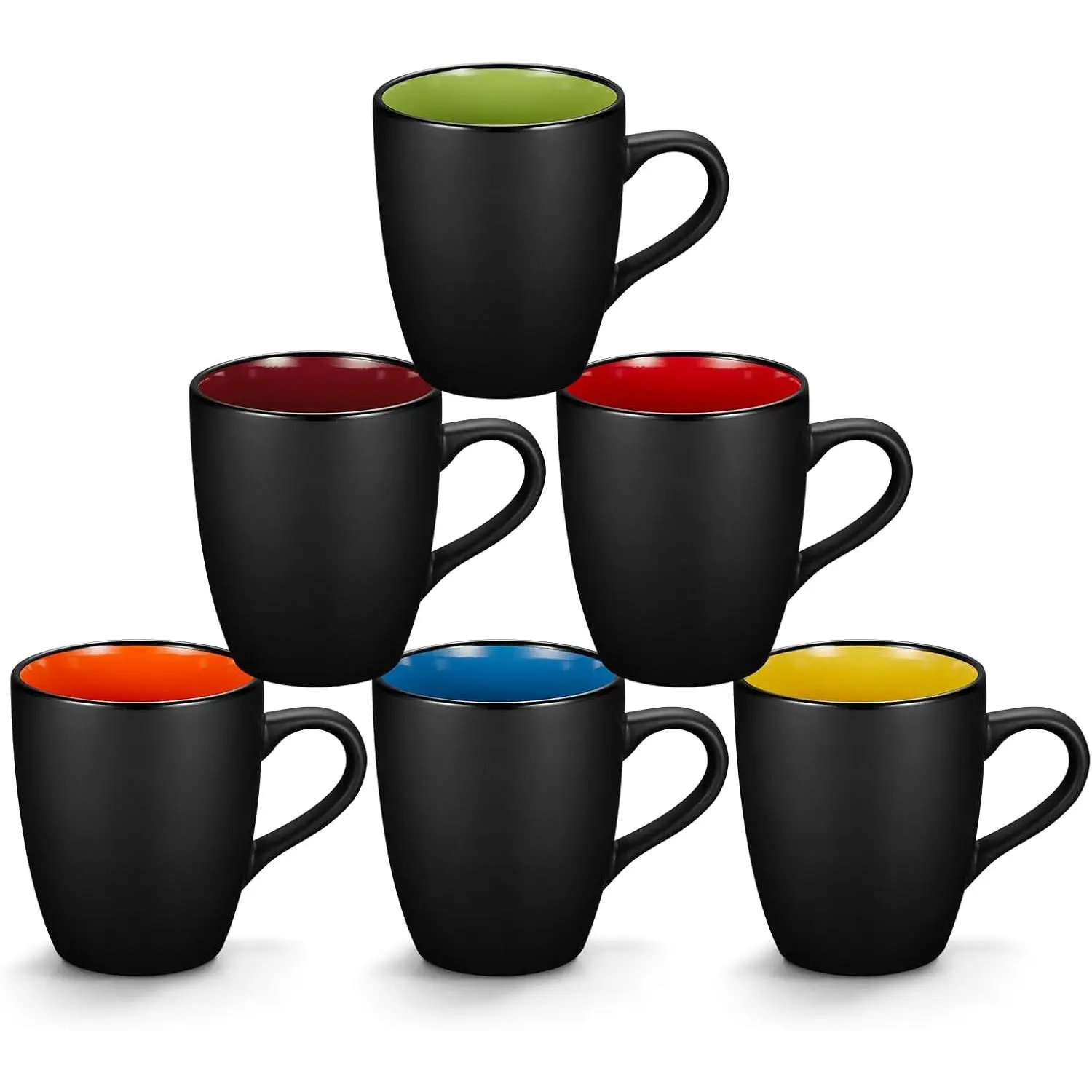 6 Pack Porcelain Coffee Mugs Set, 12 Ounces Ceramic Coffee Mugs, Matte Black Coffee Mug, Restaurant Cups for Coffee, , Cappuccino, Cocoa, Cereal, Black outside and Colorful inside