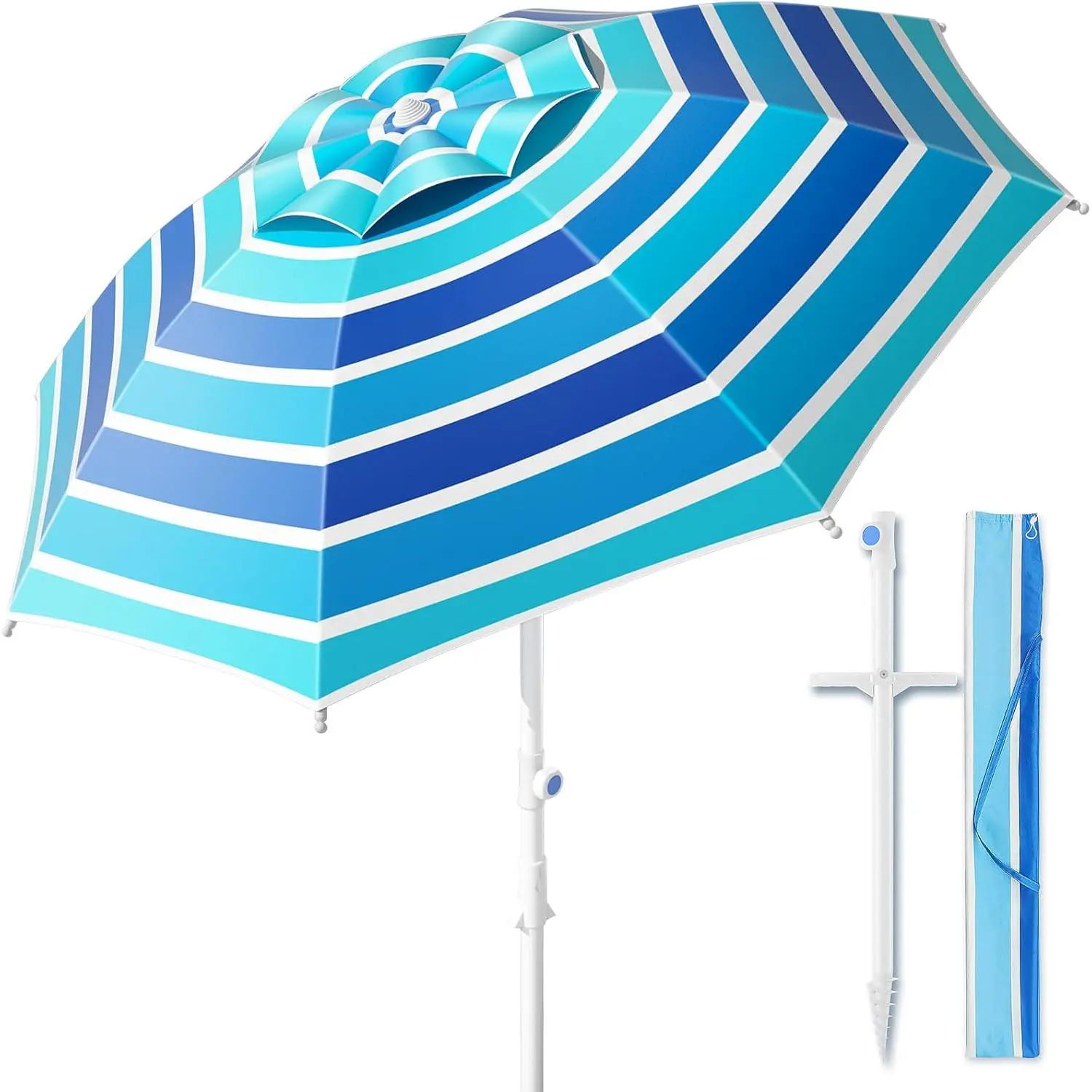 8FT.Large Beach Umbrella with Heavy Duty Sand Anchor & Tilt Sun Shelter, UPF50+ UV Protection, Wind Resistance, Waterproof Canopy, Portable for Beach Outdoor Patio Yard Garden Pool
