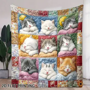 Sleeping Kitten Grid Patchwork-style Flat Print Flannel Blanket Soft Plush Warm Throw Blanket, Multi Color Cute Cat Floral Border Quilt Decorative Couch Bedroom Nap Blanket, Giftable Cat Lover Pet Comfort Blanket for All Seasons