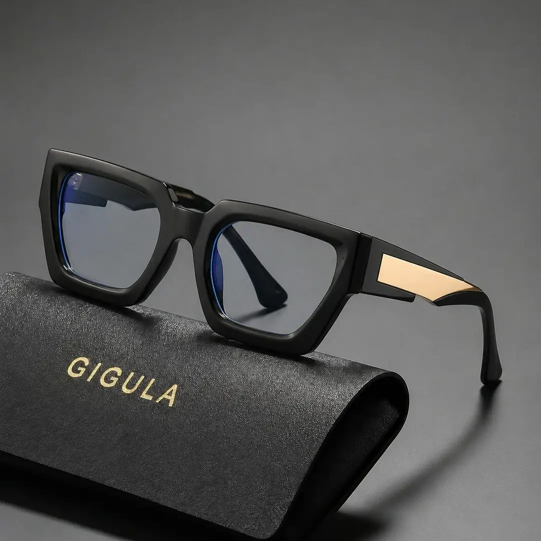 Gigula Men's Large Frame Square Reading Glasses, Vintage Thick Frame PC Material, Lightweight, Office & Driving, Square Frame Eyeglasses, Leather Case Included