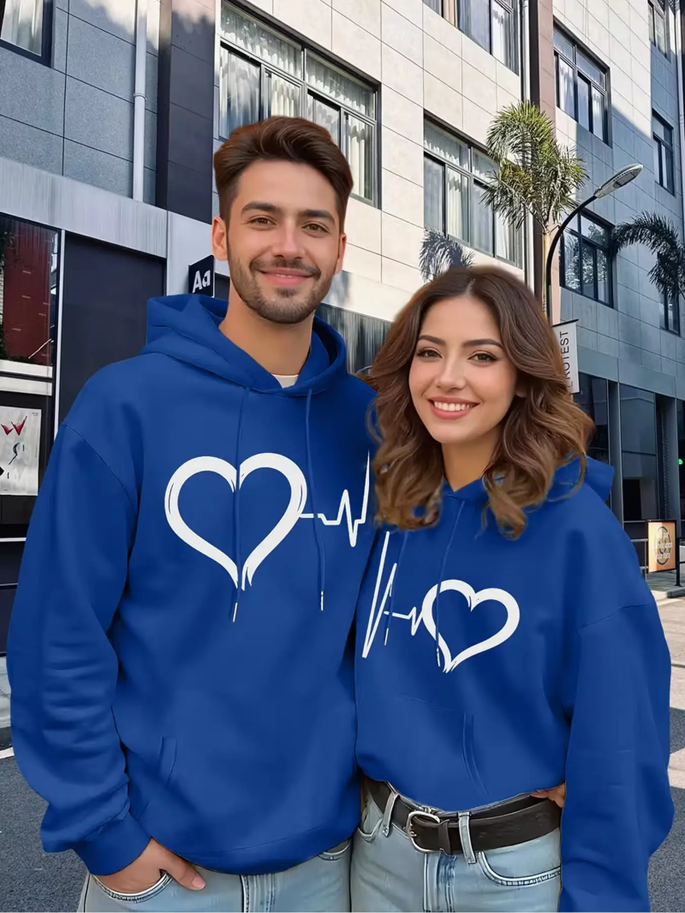 2Pcs Vintage Couple Hoodie Pullover With Geometric Print & Pockets, Dual-use For Home And Outdoor Spring Autumn, Durable Machine Washable, Suitable For Daily Wear And Confession Gifts
