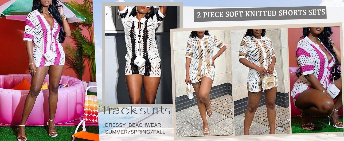 Short Sets Women 2 Piece Outfits Knit Color Block Short Sleeve Button Down Shirt and Shorts Set Color-Block Openwork Summer Vacation Style Two-Piece Set Hawaiian short-sleeved set Short Sets Women 2 Piece Outfits Knit Color Block Short Sleeve Button Down Shirt and Shorts Set Color-Block Openwork Summer Vacation Style Two-Piece Set Hawaiian short-sleeved set