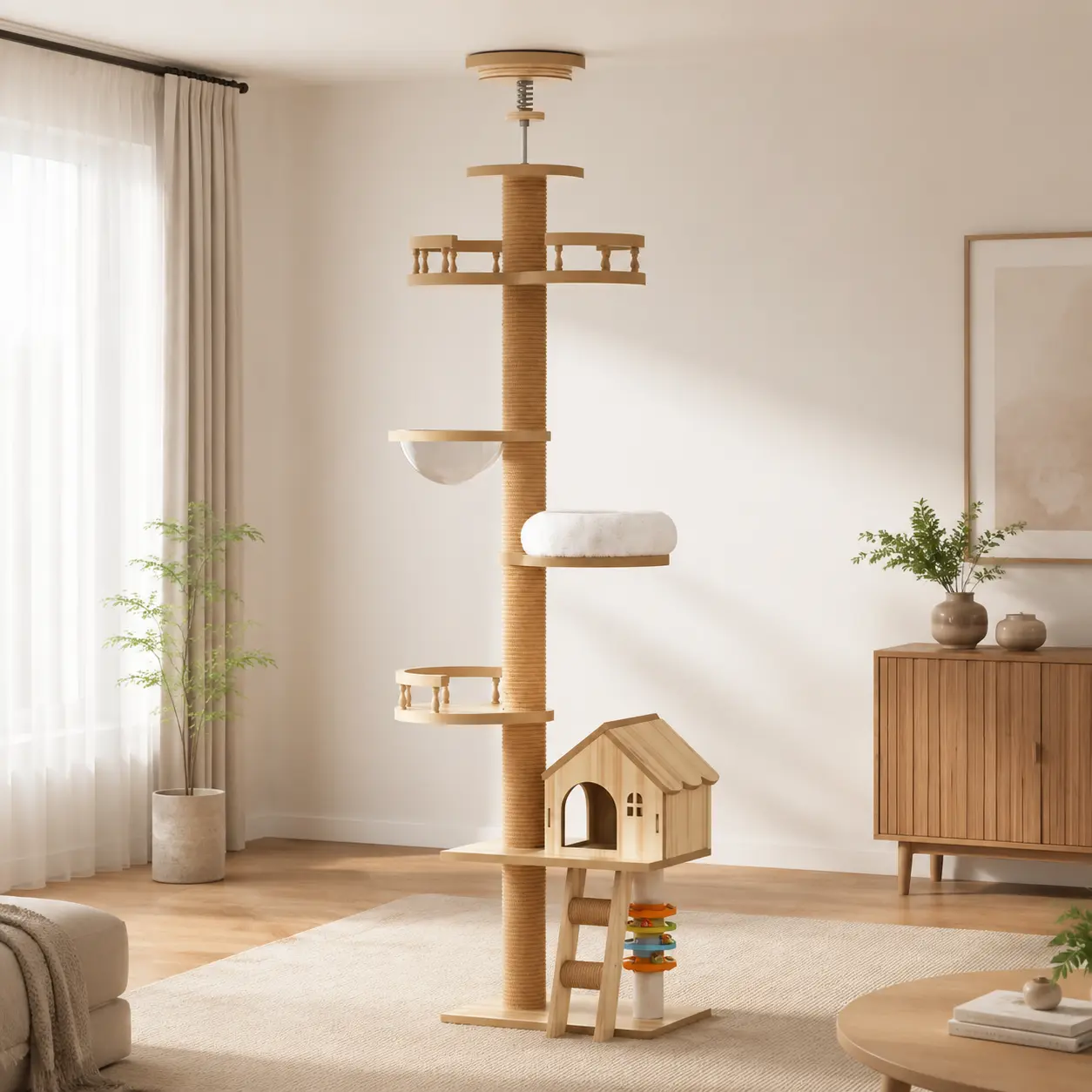 Littleox Floor to Ceiling Cat Tree, Cat Tower with Scratching Post, Adjustable Height(98-110 Inch), Large Wood Condo Cave Bed and Hammock
