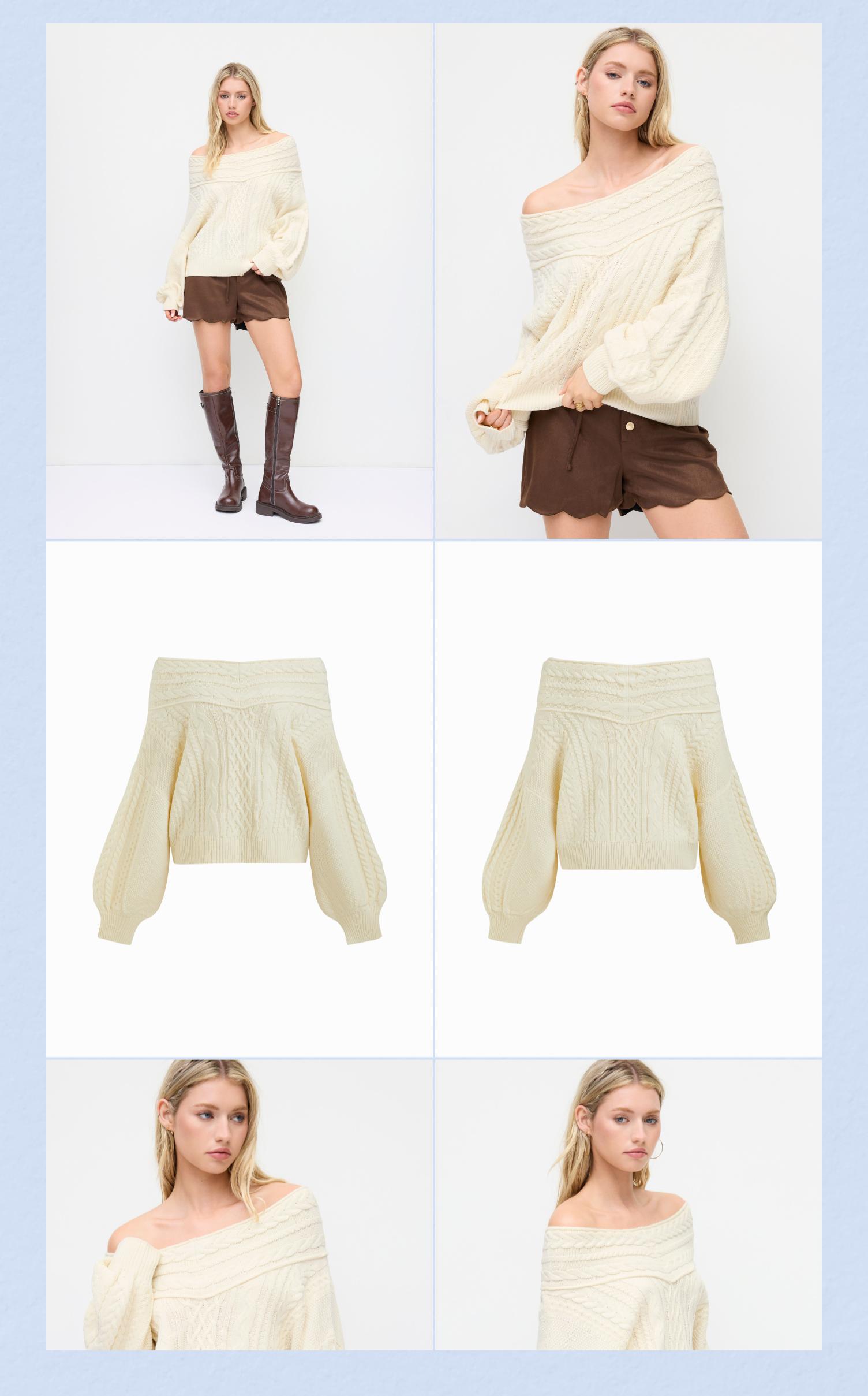 Cider Cable Knit Off-shoulder Lantern Sleeve Oversized Top