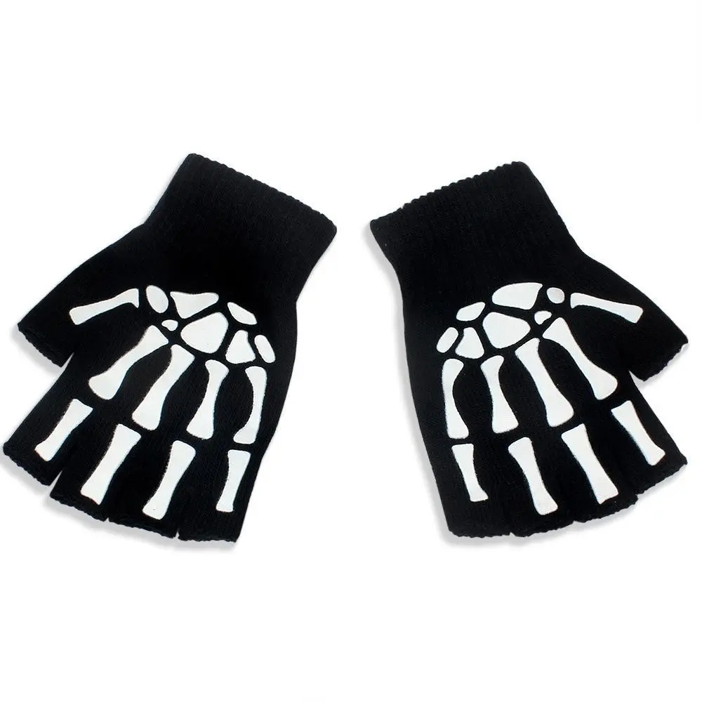 Fashion Halloween Spooky Glow-In-The-Dark Half-Finger Skull Gloves, Prank Props, Cosplay Photo Props, Larp Party Fun Items, Party Accessory, Stage Performance Accessories