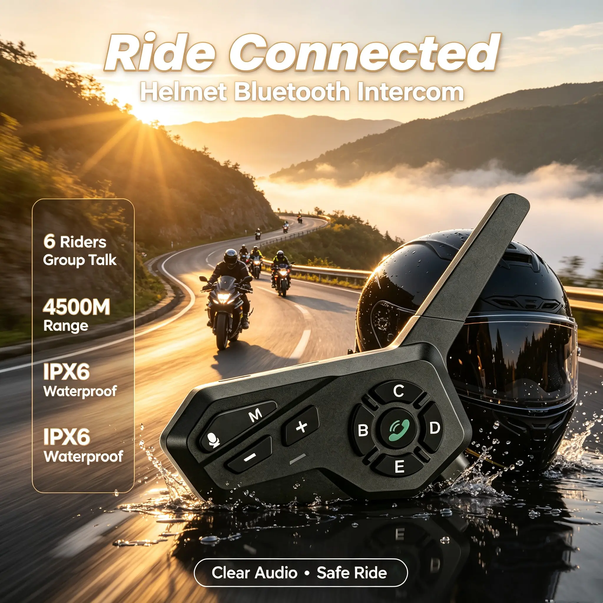 Helmet Bluetooth Intercom Headset, Motorcycle Accessory, Connects Up to 6 Devices, 4500m Range, Bluetooth-compatible V5.2, Ipx7 Waterproof, 1000mah Battery, 33h Music Playtime