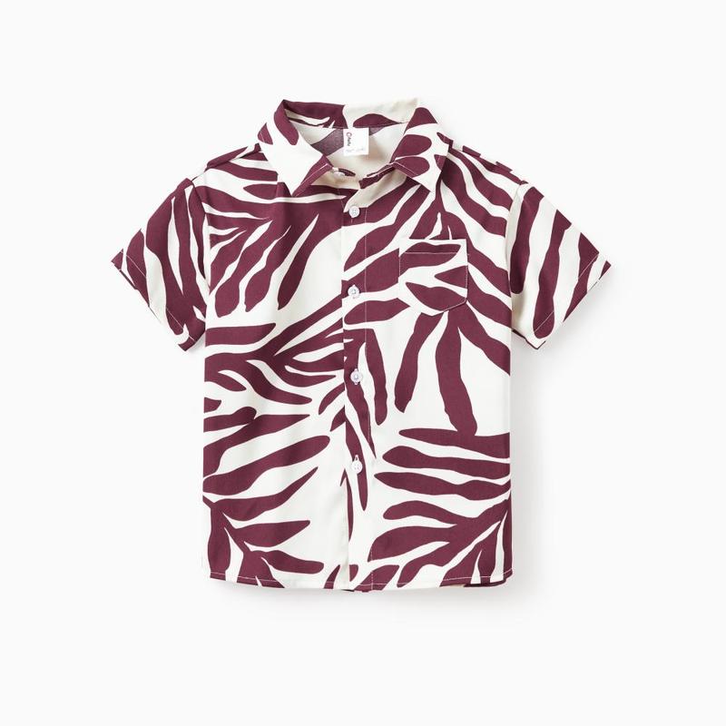 PatPat Family Matching Outfits Red Leaf Print Shirts and Strap Belted Dress for Hawaii/Cruise/Resort/Casual Wear