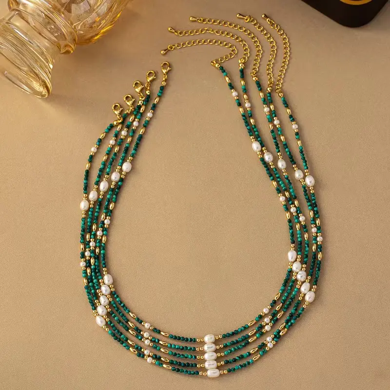 Two-Piece Matching Beaded Jewelry Set Natural Malachite And Freshwater Pearl Handcrafted Bracelet And Necklace Lightweight Decorative Ornaments For Women Daily Wear And Holiday Gift Giving