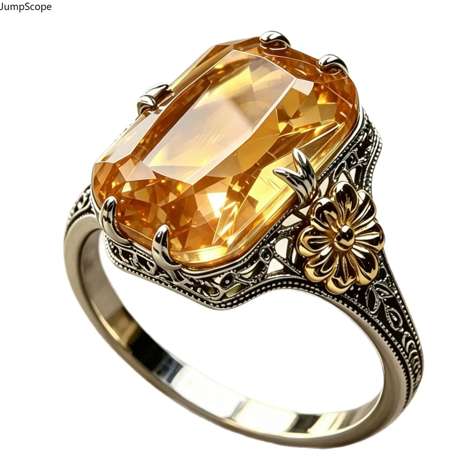 Two-Tone Vintage Sunflower Citrine Statement Ring For Women, European Large Rectangular Champagne Topaz Hollow Filigree Finger Band Retro Floral Cocktail Jewelry Gift