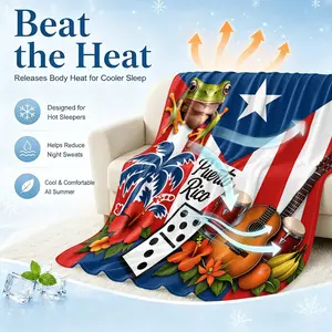Puerto Rico Flag Cultural Print Cooling Blanket, Arc-Chill Q-Max >0.35 Cool Fiber Summer Throw, Lightweight Breathable Blanket for Hot Sleepers, Coqui Frog Guitar Domino Hibiscus Print, Ideal for Bed, Couch, Travel & Summer AC Use