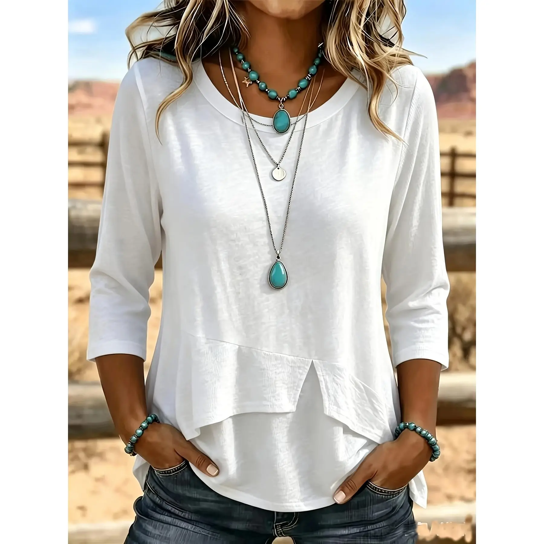 [Elegant Round Neck T-Shirt] Women's Elegant Round Neck Cloth Symmetrical Hem Design 3/4 Sleeve T-Shirt