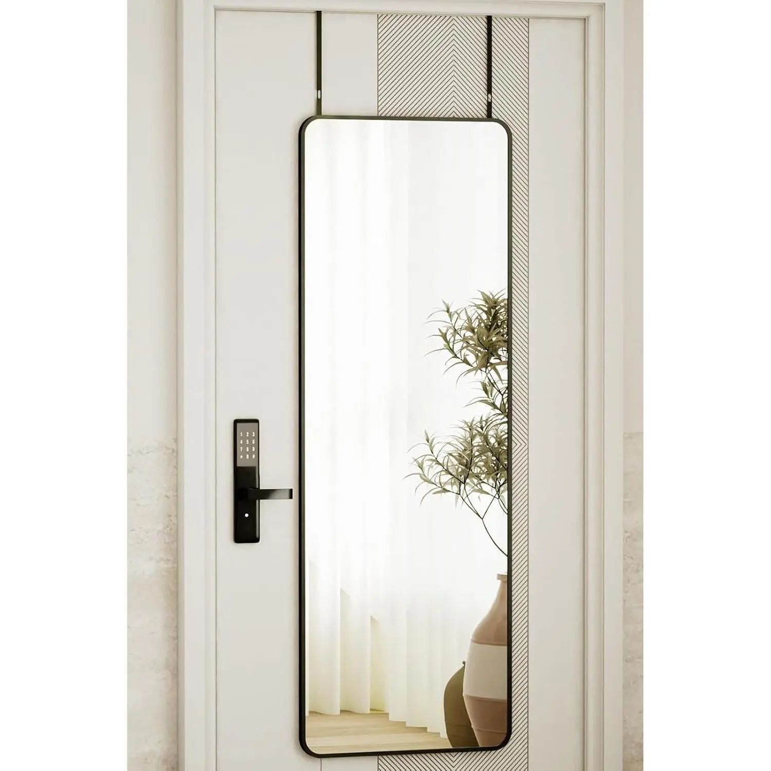 14"x48" Full Length Over The Door Mirror - Aluminum Alloy Frame Full Body Mirror with Height-Adjustable Hangers, Hanging Leaning Against Wall for Dorm, BlackGift.