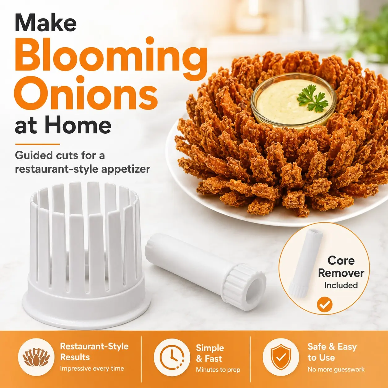 Blooming Onion Cutter, Onion Blossom Maker with Core Remover, Guided Vegetable Cutting Slicer and Fruit Slicer for Small to Medium Onions, Potatoes, Tomatoes and Apples, Reusable Easy-Clean Kitchen Tool